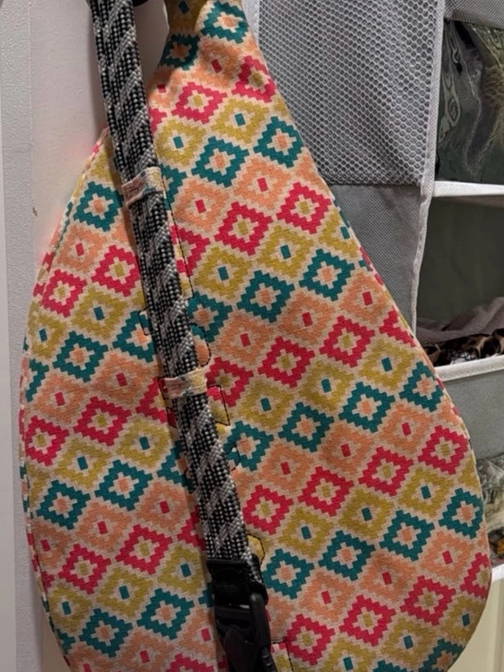 Kavu Multicolor Geometric Rope Sling Bag - Coral, Teal, Mustard